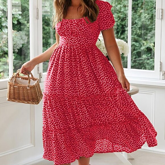 Women's Spring Summer Casual Cute Boho Floral Print Long Midi Dress- Red - Picture 1 of 6